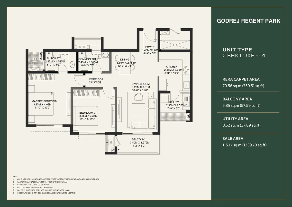 Godrej Regent Park 2 BHK Luxe-01 floor plan — 759.51 sq.ft RERA carpet, 1,239.73 sq.ft SBA, Kada Agrahara Sarjapur Road