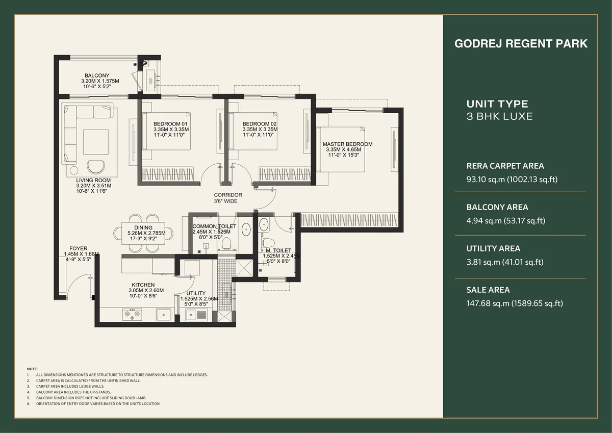 Godrej Regent Park 3 BHK 2T Luxe floor plan — 1,002.13 sq.ft RERA carpet, 1,589.65 sq.ft SBA, Kada Agrahara Sarjapur Road