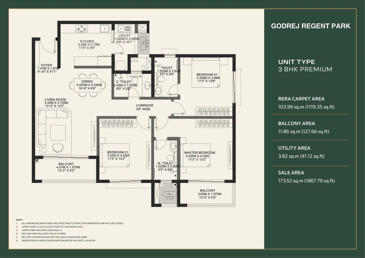 Godrej Regent Park 3 BHK 3T Premium floor plan — 1,119.35 sq.ft RERA carpet, 1,867.79 sq.ft SBA, Kada Agrahara Sarjapur Road
